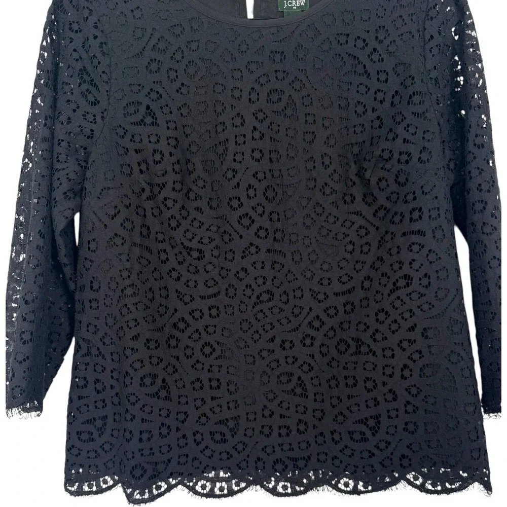 J. Crew Women's Black Eyelet Lace 3/4 Sleeve Blouse‎ Top Size 8 Preppy Feminine
